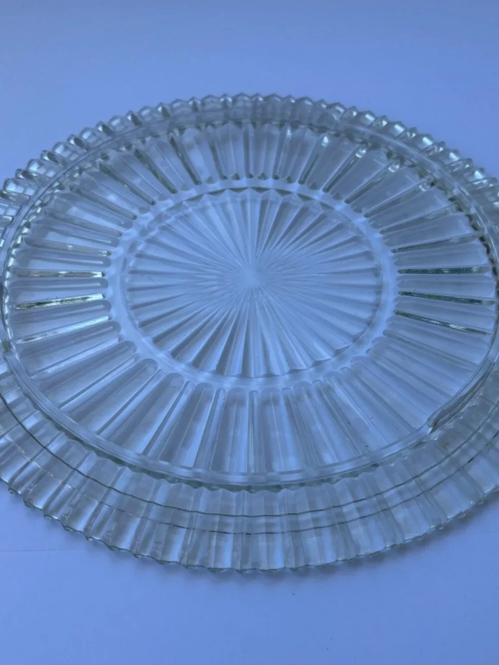 Vintage Clear Pressed Glass Cake Plate Platter Sunburst Ribbed Pattern